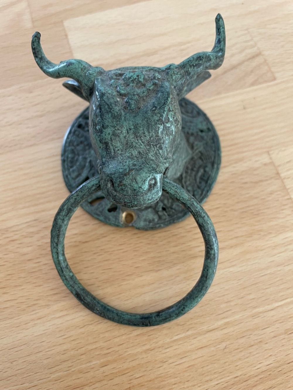 Antique-Style Bull Head Wall Ring - Green Patina